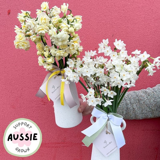 seasonal winter spring mix jonquils in a vase